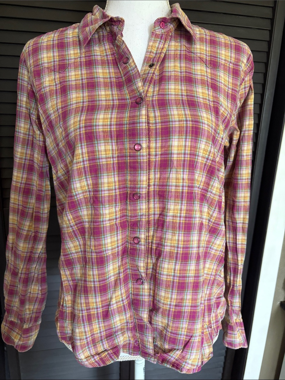 Wrangler Pink and Yellow Plaid Button-Up Shirt